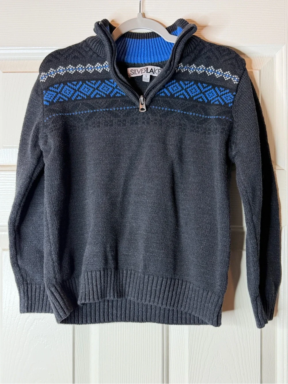 Silverlake Size 8 (S) Boys' Charcoal Half-Zip Sweater with Blue Fair Isle Yoke